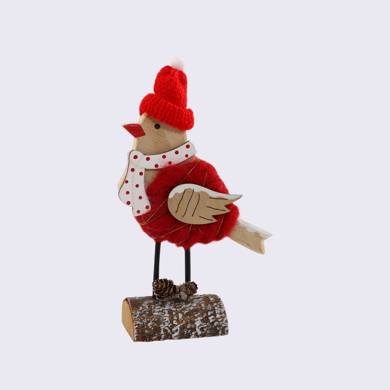 松果木桩绕羊毛圣诞鸟木制创意摆件