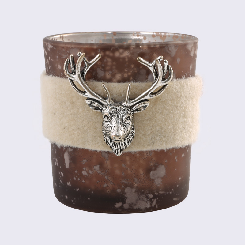 金属鹿头毛绒包杯喷色撒粉玻璃材质圣诞杯子